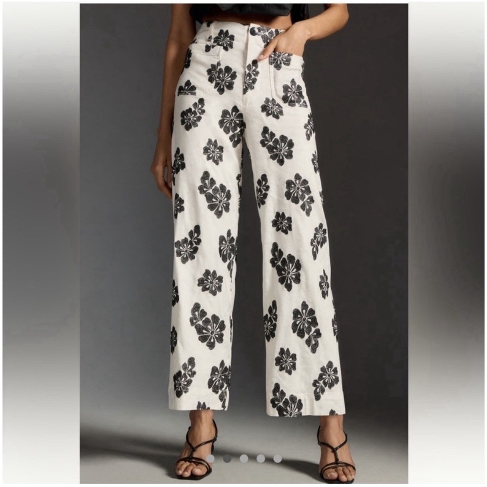 Anthropologie Pants Maeve Colette Black White Floral Wide Leg Linen Cropped Sz 2
